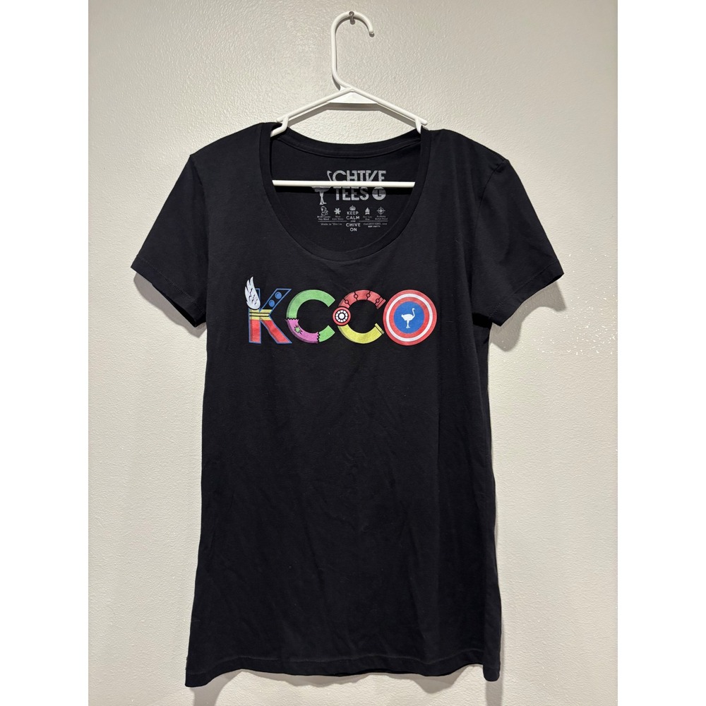 Chive Tees Womens Black KCCO Superhero Graphic Scoop Neck T-Shirt Size L
